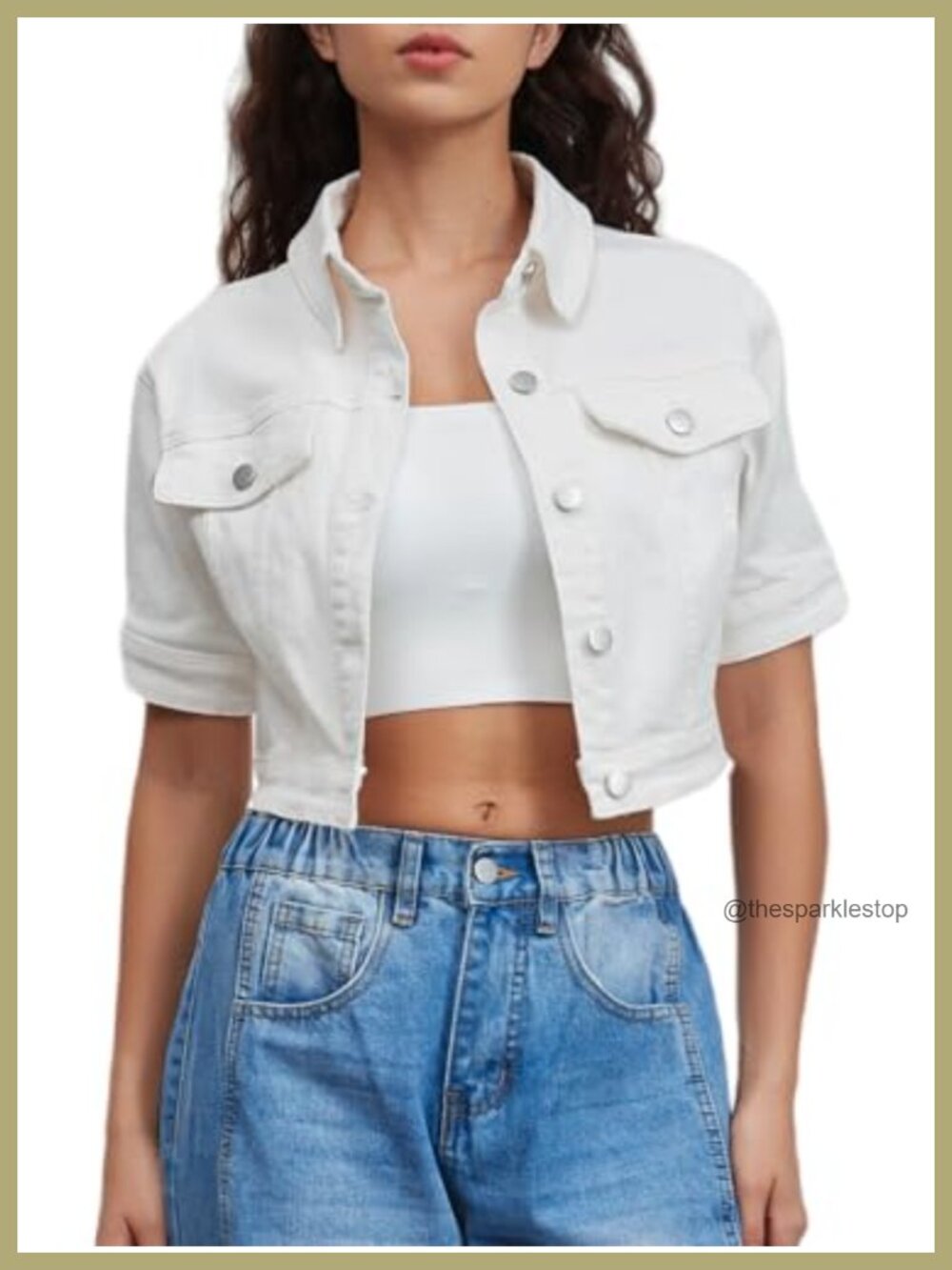 Women Cropped Denim Jacket Short Sleeve Button Down Jean Trucker Coat